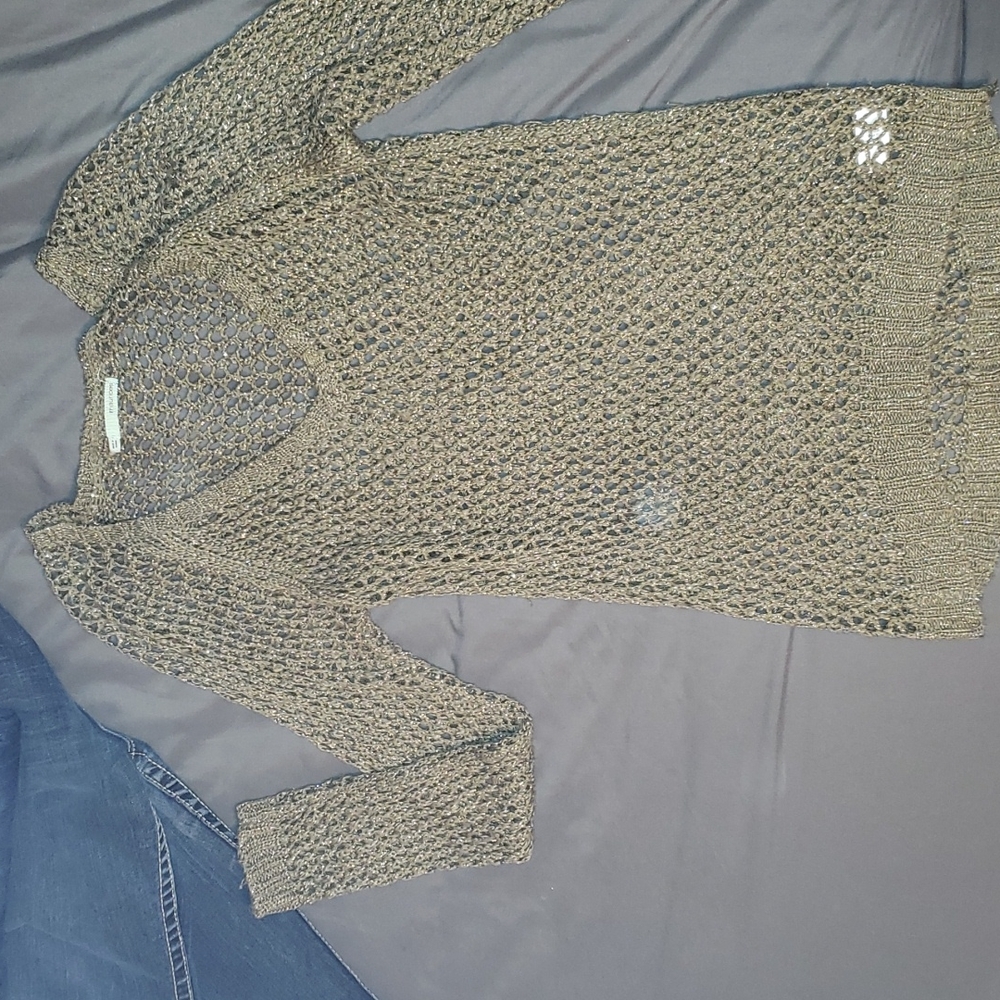 Sage green with golden tinsel so it shimmers knit sweater